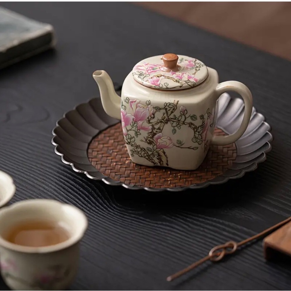 Magnolia Flower Square Teapot, 6.75oz Ru Kiln Xi Shi Style Ceramic,Pink Flowers. - Picture 5 of 6